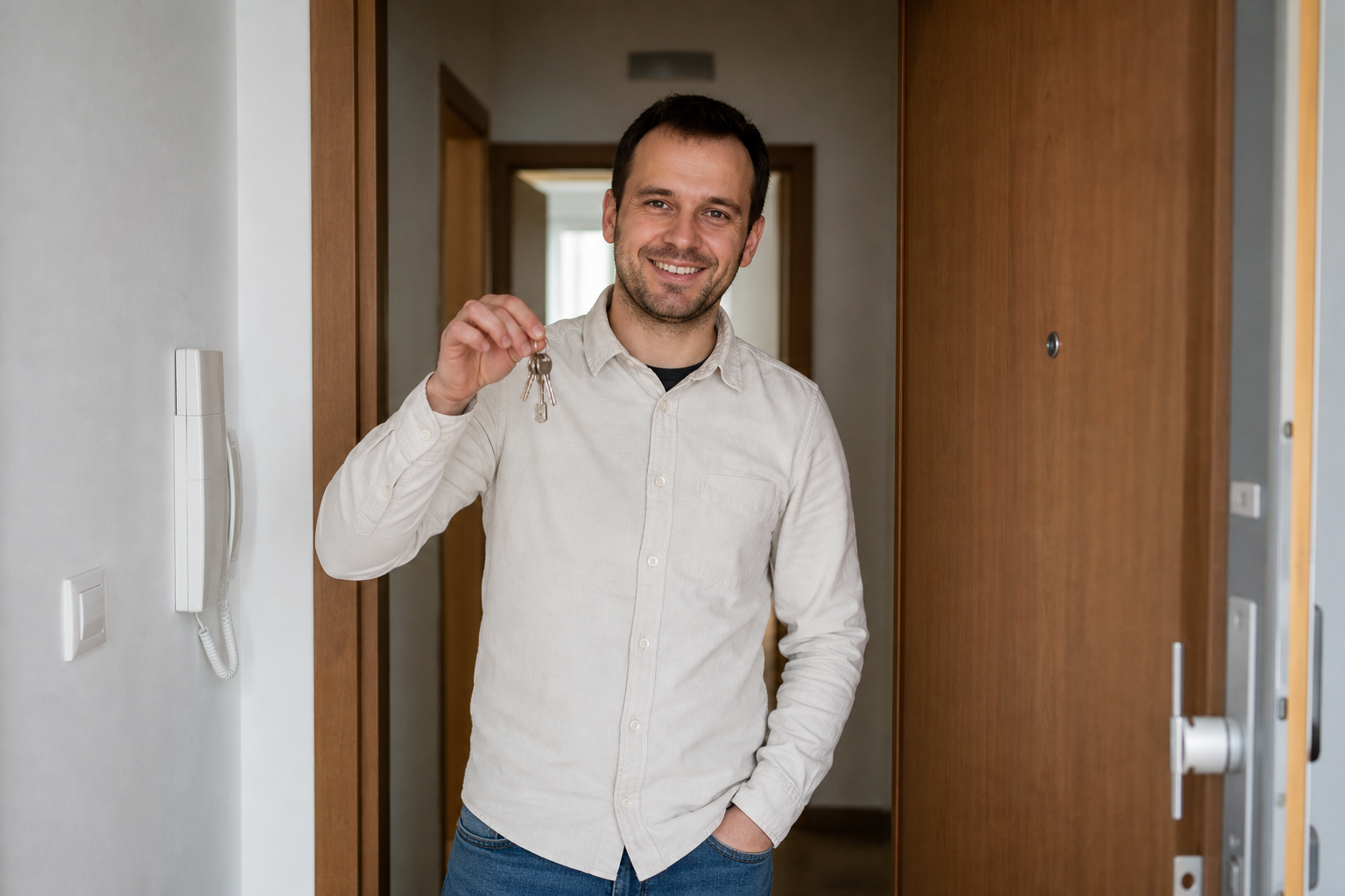 Pár v novém bydlení s klíči v ruce po úspěšném dokončení hypotéky