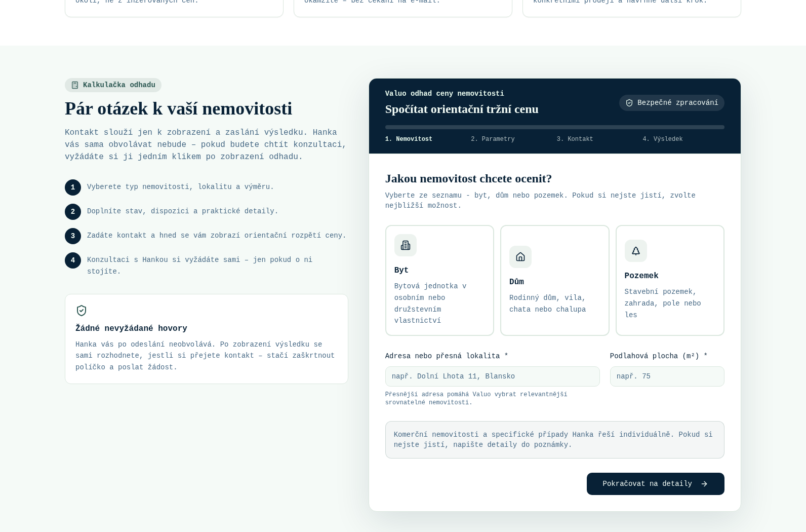 Formulář online odhadu nemovitosti na webu Simčo Reality